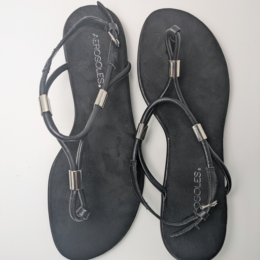 AEROSOLES Black Strappy Metallic Accent Sandals